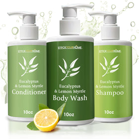 Stock Your Home front packaging showing three 10 oz bottles, clear guest-ready presentation