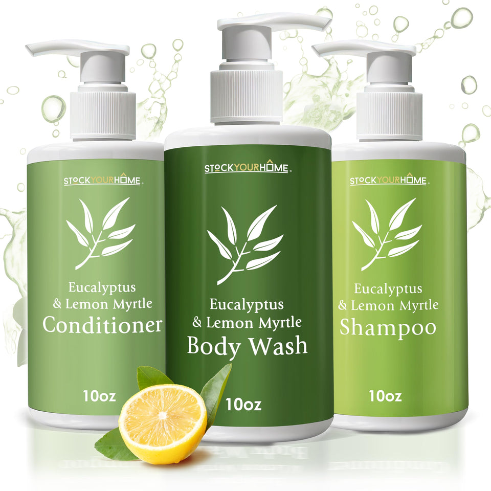 Stock Your Home front packaging showing three 10 oz bottles, clear guest-ready presentation