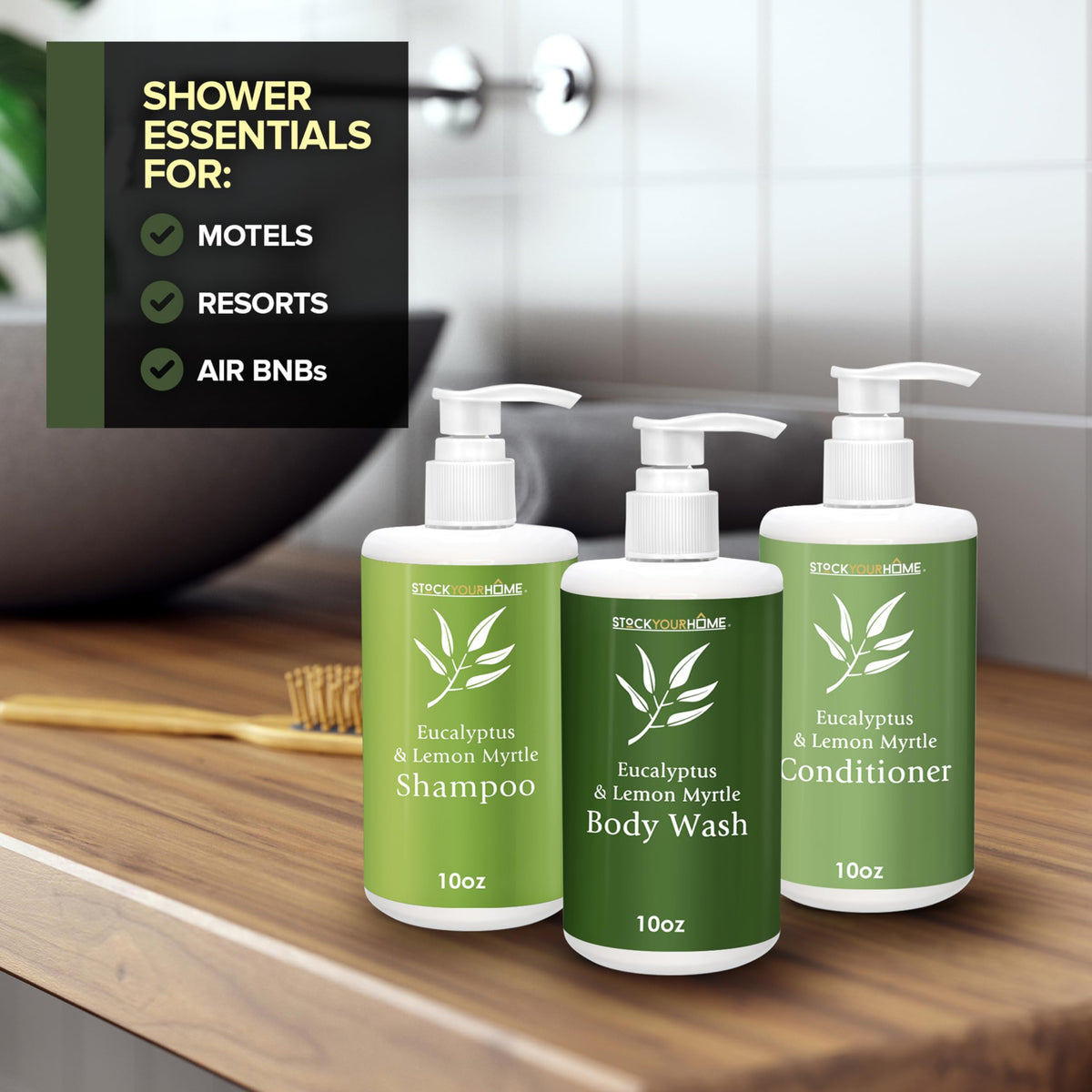 Stock Your Home in-shower use with person applying product, convenient guest experience
