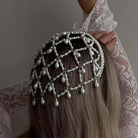 STONEFANS front view of gold pearl headpiece showing elegant styling and vintage appeal