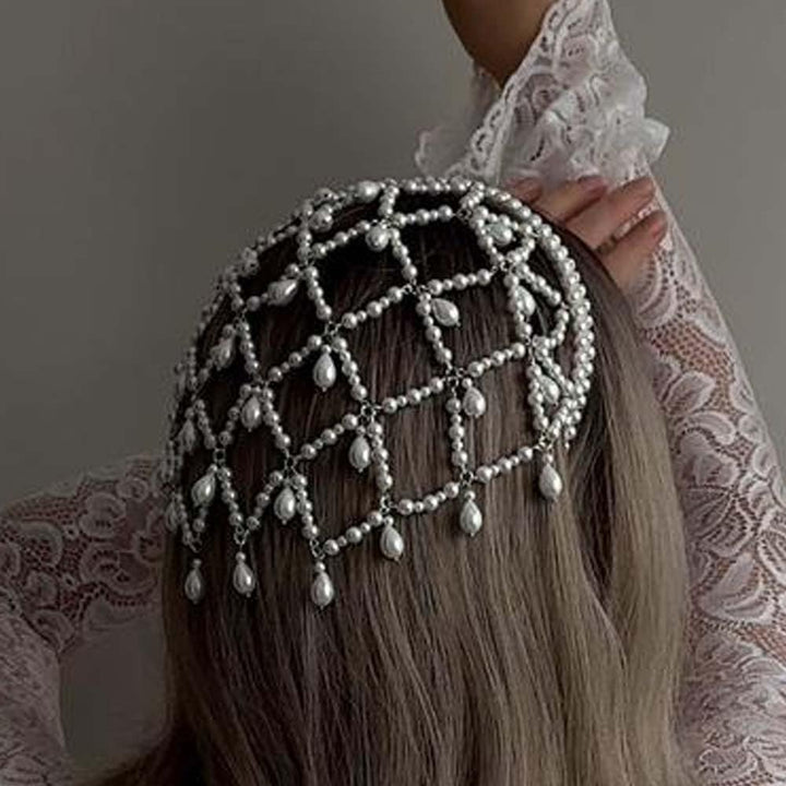 STONEFANS front view of gold pearl headpiece showing elegant styling and vintage appeal