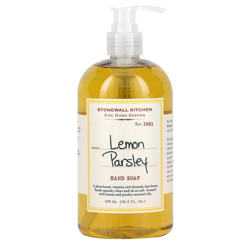 Stonewall Kitchen front pump bottle showing label and lemon parsley scent benefit