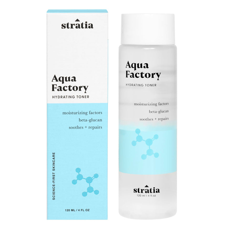 Stratia Aqua Factory front packaging showing bottle and label, highlights gentle hydration