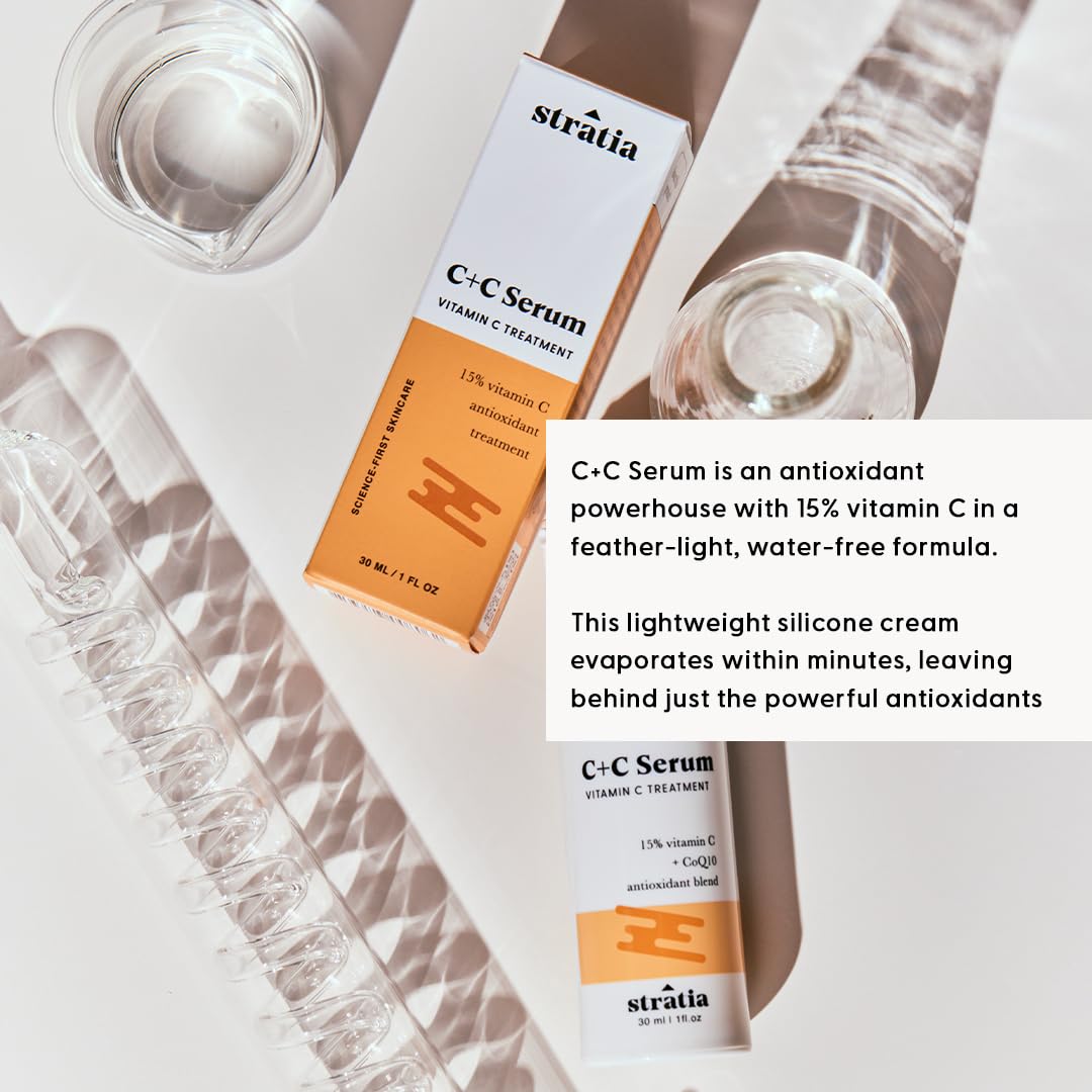 Stratia C+C dabbed on hand to show scale and how little product delivers antioxidant benefits