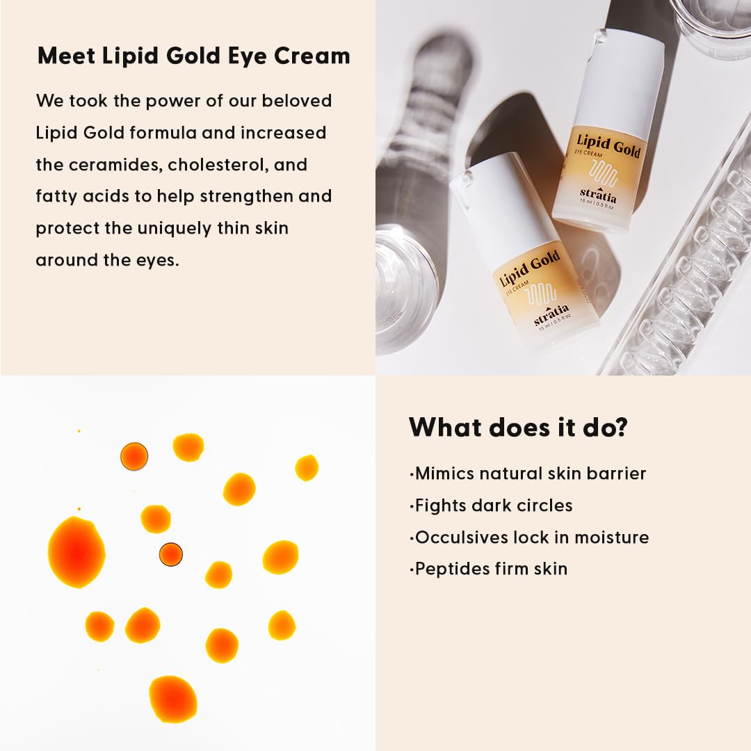 Stratia Lipid Gold tube close-up highlighting dispensing tip and compact size