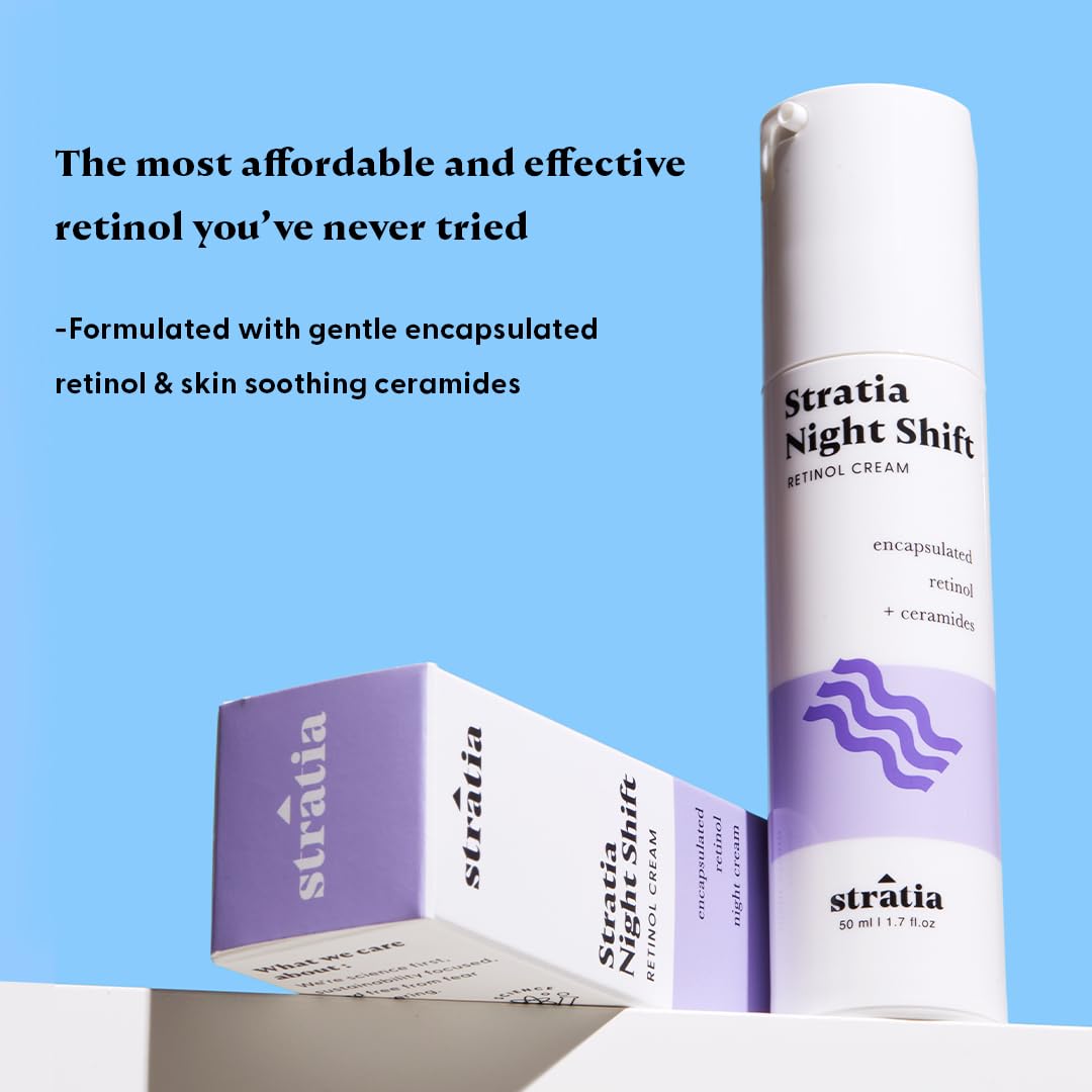Stratia Night Shift cream texture close-up highlighting smooth hydrating lotion and lightweight finish