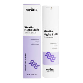 Stratia Night Shift front packaging showing bottle and label, conveys gentle retinol benefits
