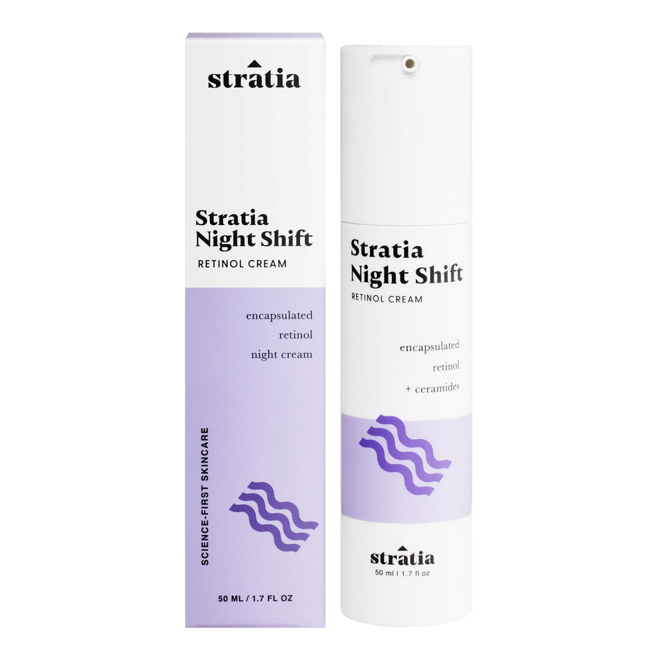 Stratia Night Shift front packaging showing bottle and label, conveys gentle retinol benefits