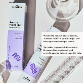 Stratia Night Shift ingredient label close-up showing ceramides and squalane, supports barrier repair