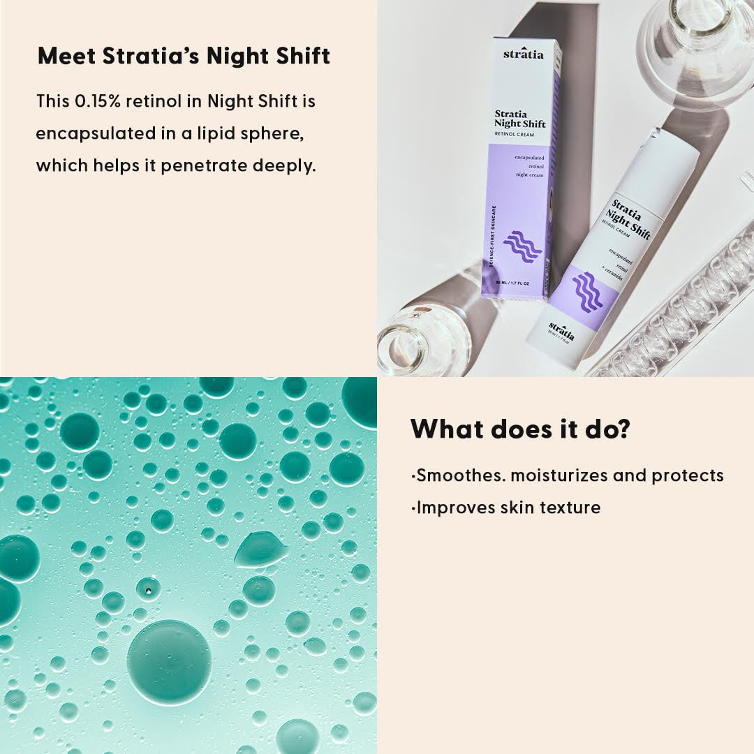 Stratia Night Shift open jar top view revealing pale cream and encapsulated retinol appearance for nighttime care