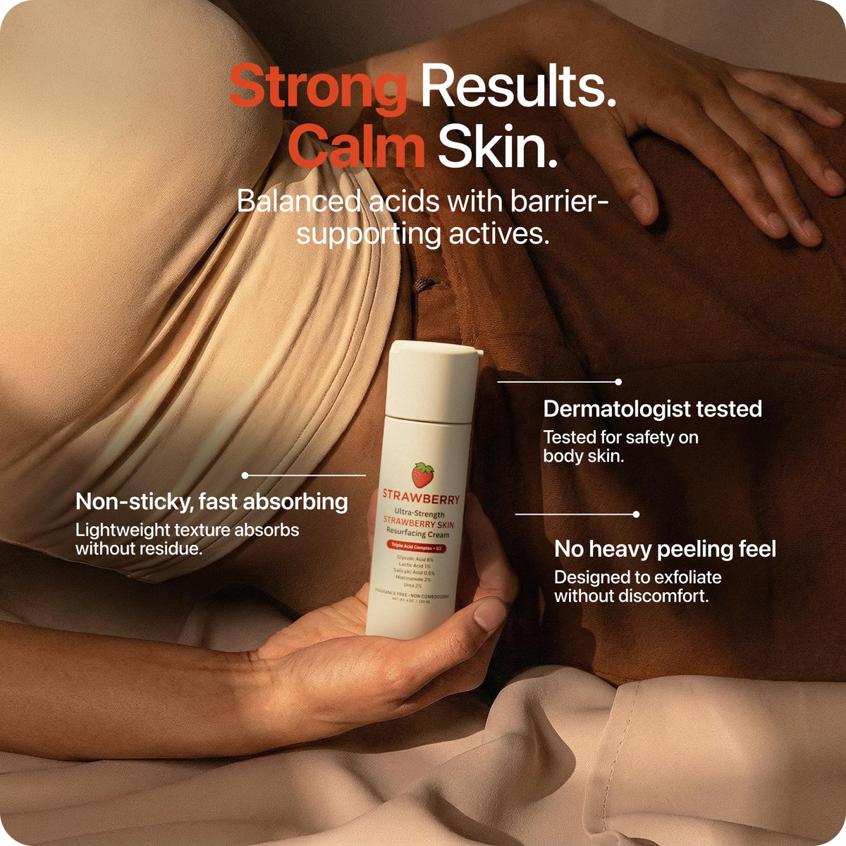 STRAWBERRY active ingredients list highlighting glycolic lactic salicylic acids for targeted exfoliation