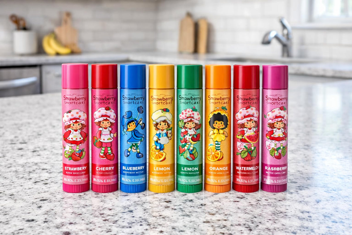 Strawberry Shortcake lip balms styled as gift items showing festive appeal