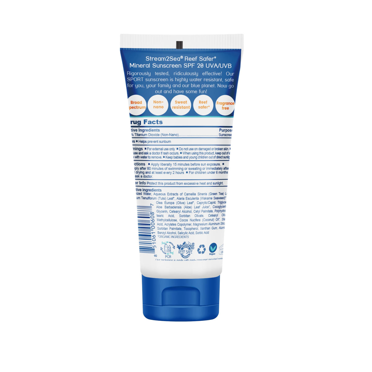 STREAM 2 SEA back label close-up listing ingredients and eco claims