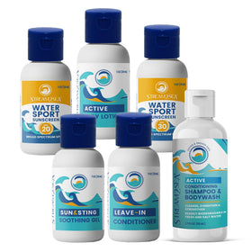 STREAM 2 SEA front packaging showing six travel-size reef-safe toiletries