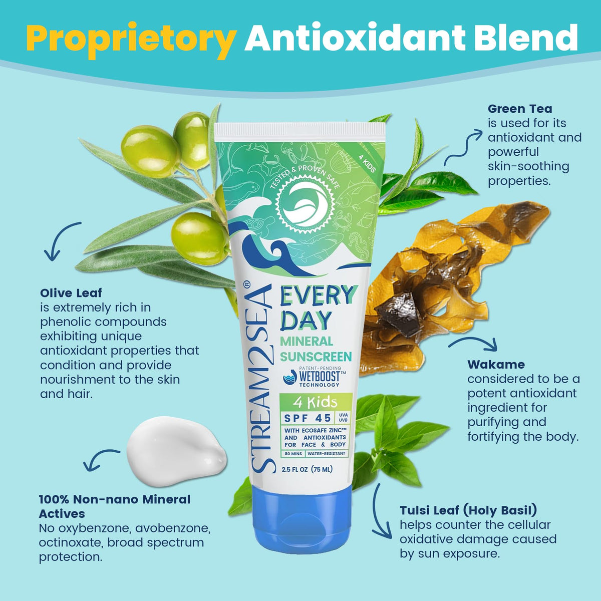STREAM 2 SEA ingredients label with zinc oxide and calming botanicals