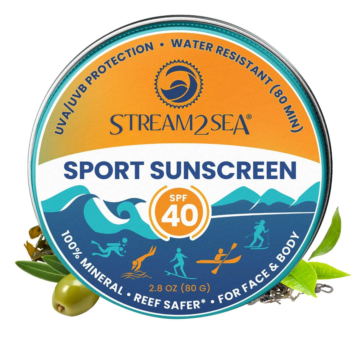 STREAM 2 SEA front view of sunscreen tin showing compact travel benefit