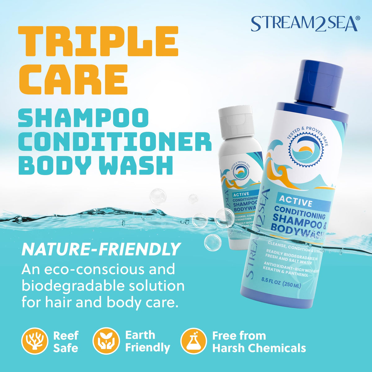 STREAM 2 SEA close-up label highlighting reef-safe ingredient claims
