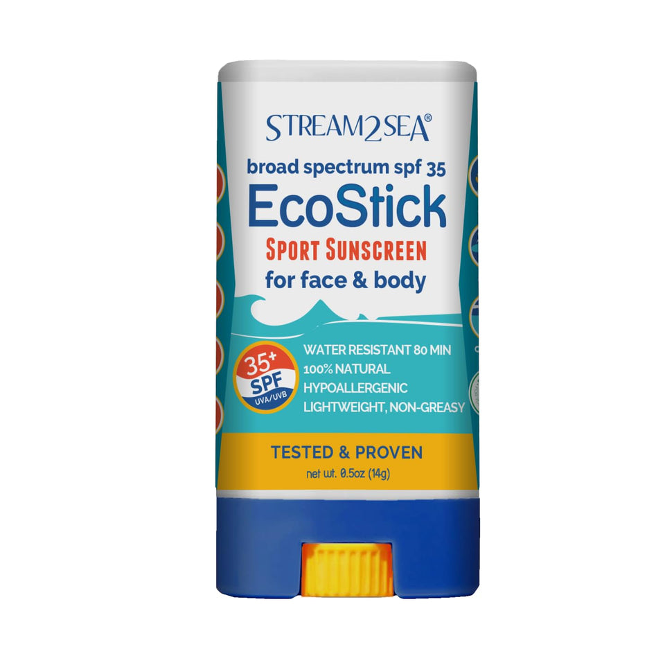 STREAM 2 SEA front packaging showing compact SPF 35 stick and benefit portability
