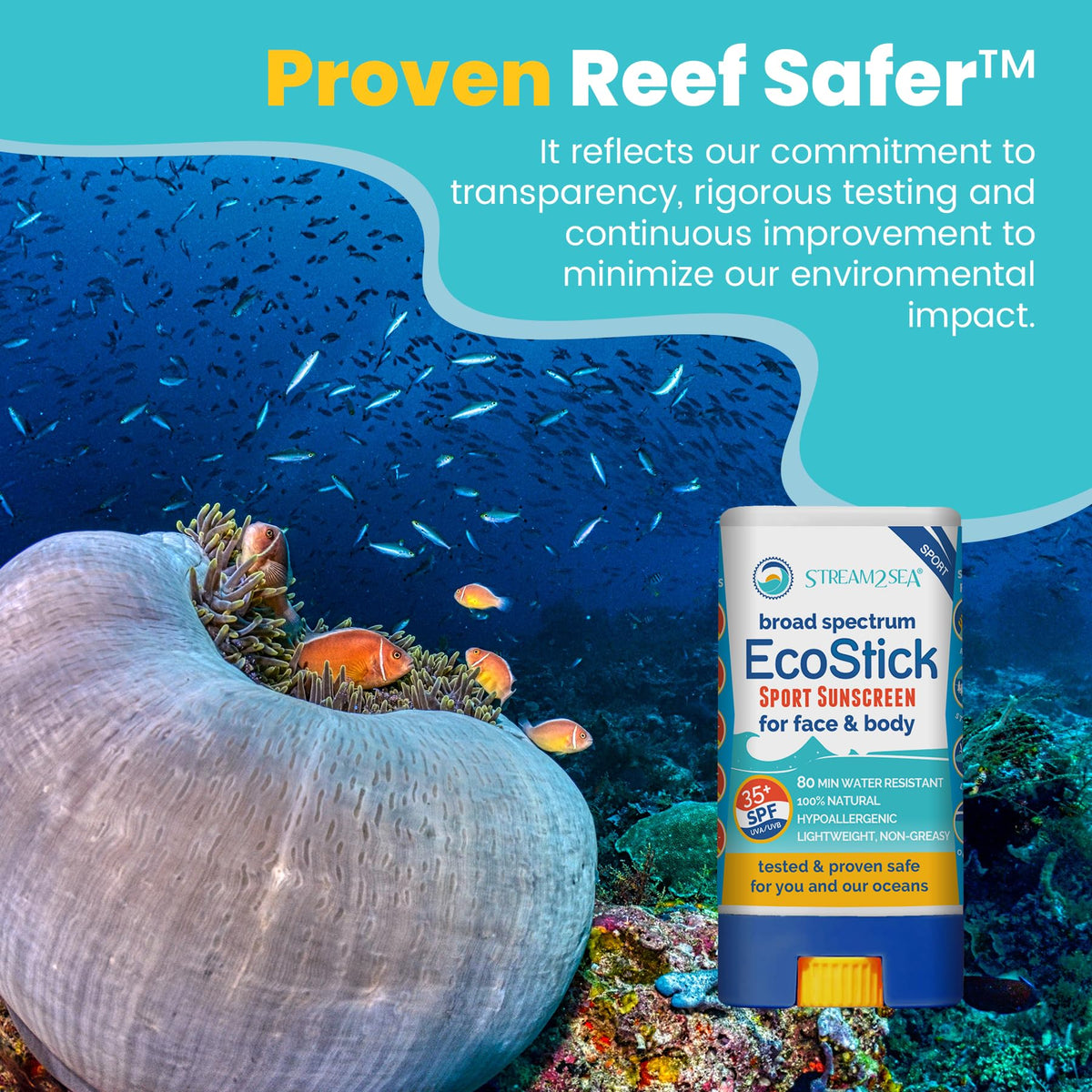 STREAM 2 SEA EcoStick beside coin for size comparison and travel-friendly benefit