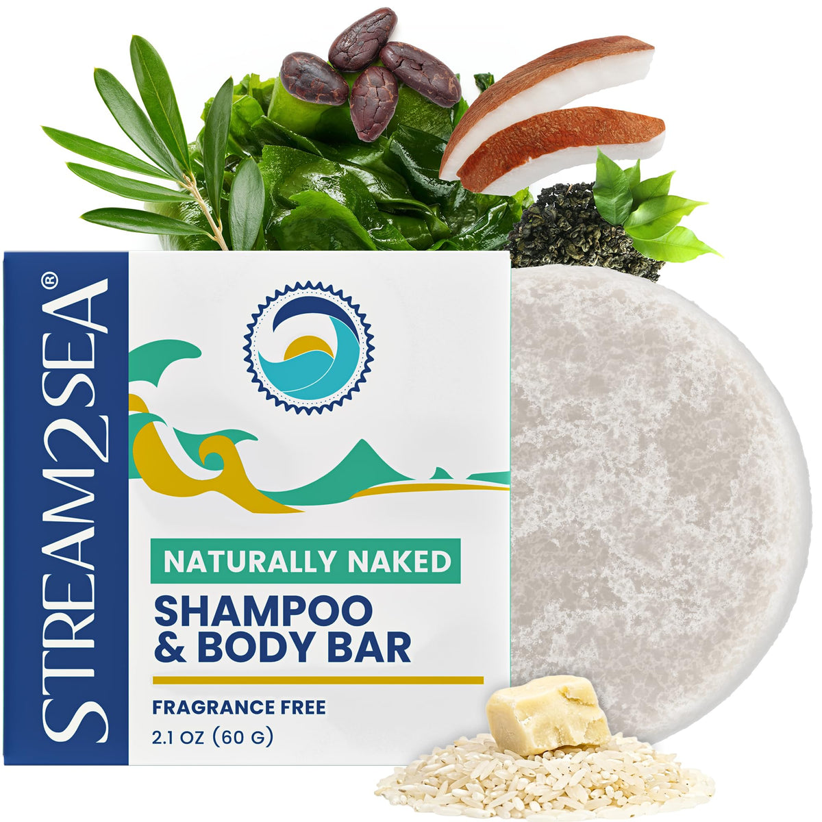 STREAM 2 SEA front packaging showing naked shampoo bar and plastic-free benefit