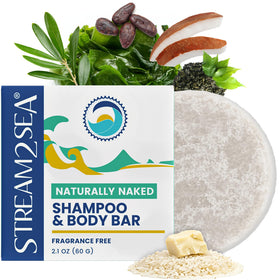 STREAM 2 SEA front packaging showing naked shampoo bar and plastic-free benefit