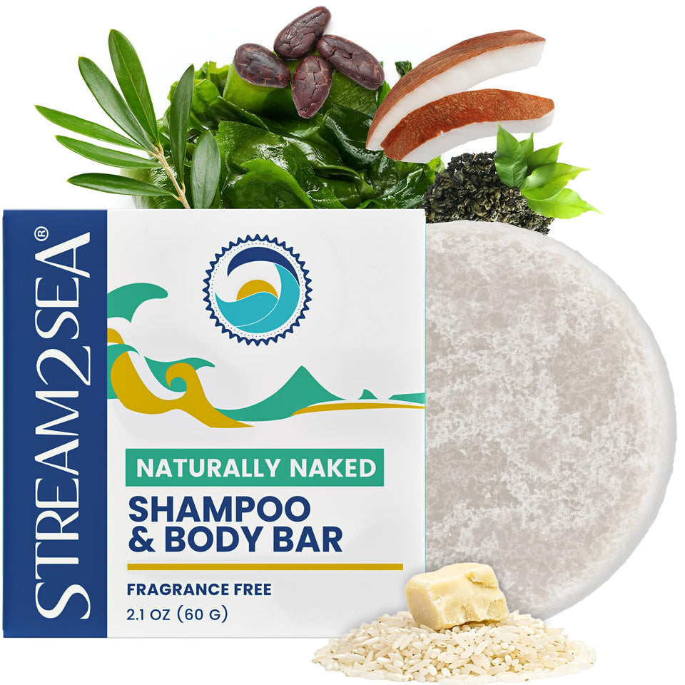 STREAM 2 SEA front packaging showing naked shampoo bar and plastic-free benefit