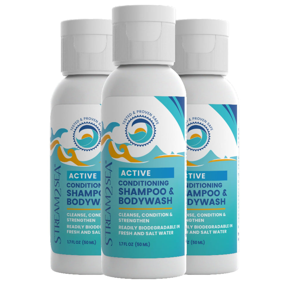 STREAM 2 SEA front packaging showing travel-safe 1.69oz bottle and branding benefit