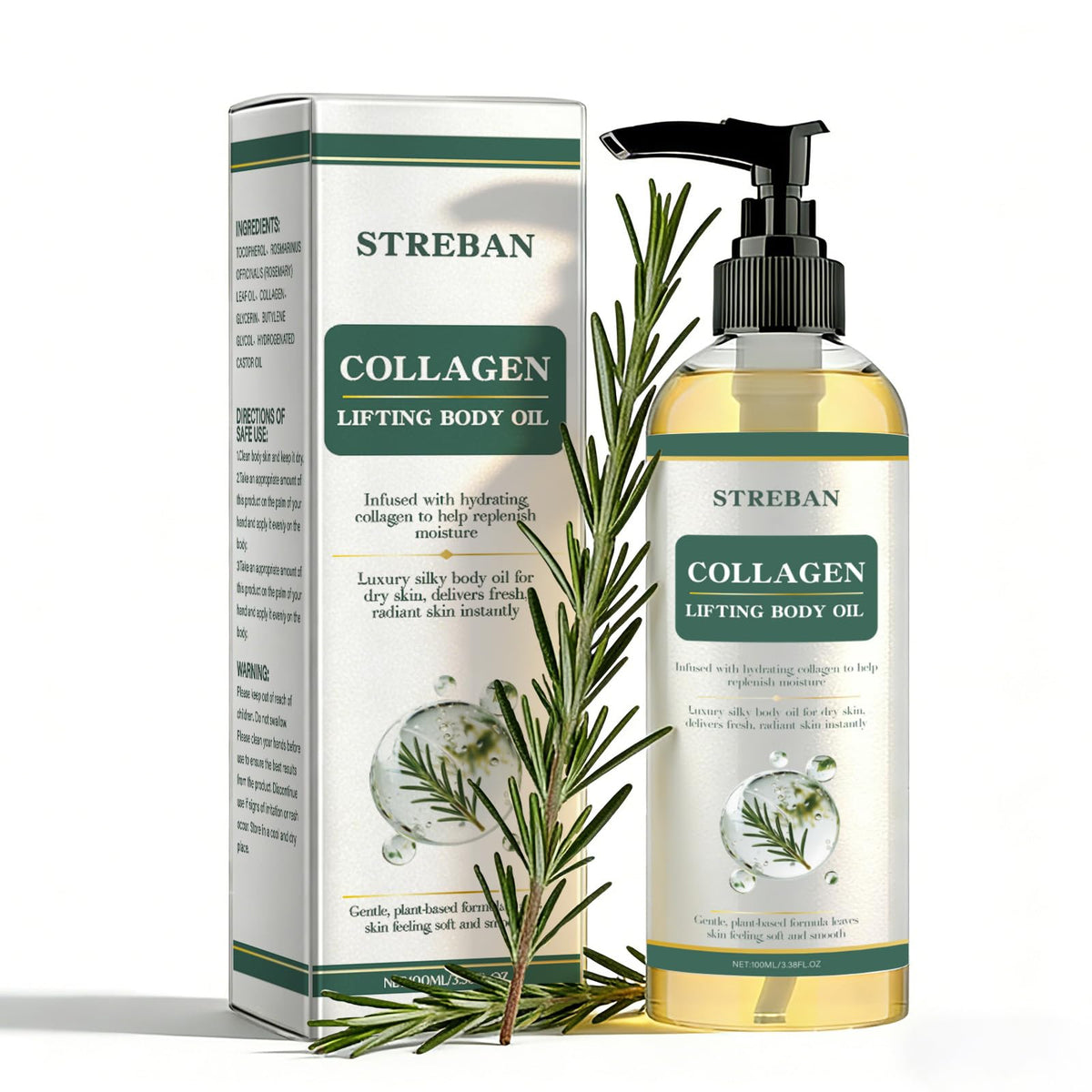 STREBAN front packaging clear bottle shows product and benefits