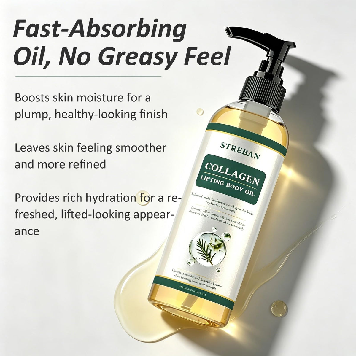 STREBAN oil texture closeup droplet highlights silky absorption