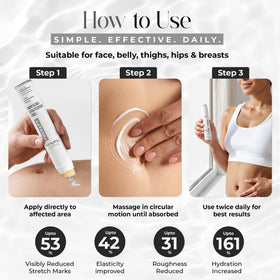 StretchMarkers 1 fl oz size alongside a measuring tape to show compact travel-friendly benefit