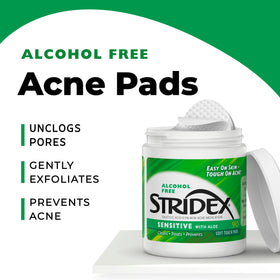 Stridex pad soaked with solution showing salicylic acid and soothing aloe