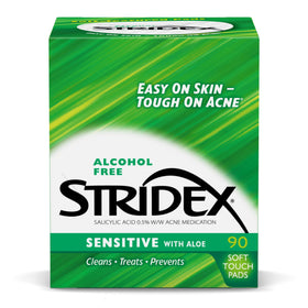 Stridex front packaging showing sensitive pads and benefits for gentle acne care