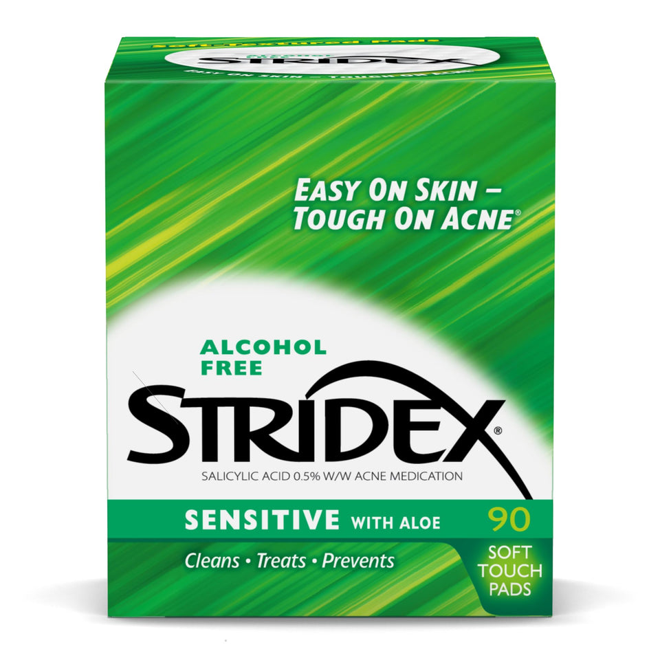 Stridex front packaging showing sensitive pads and benefits for gentle acne care