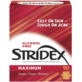 Stridex tub front packaging showing label and resealable lid for easy access and freshness
