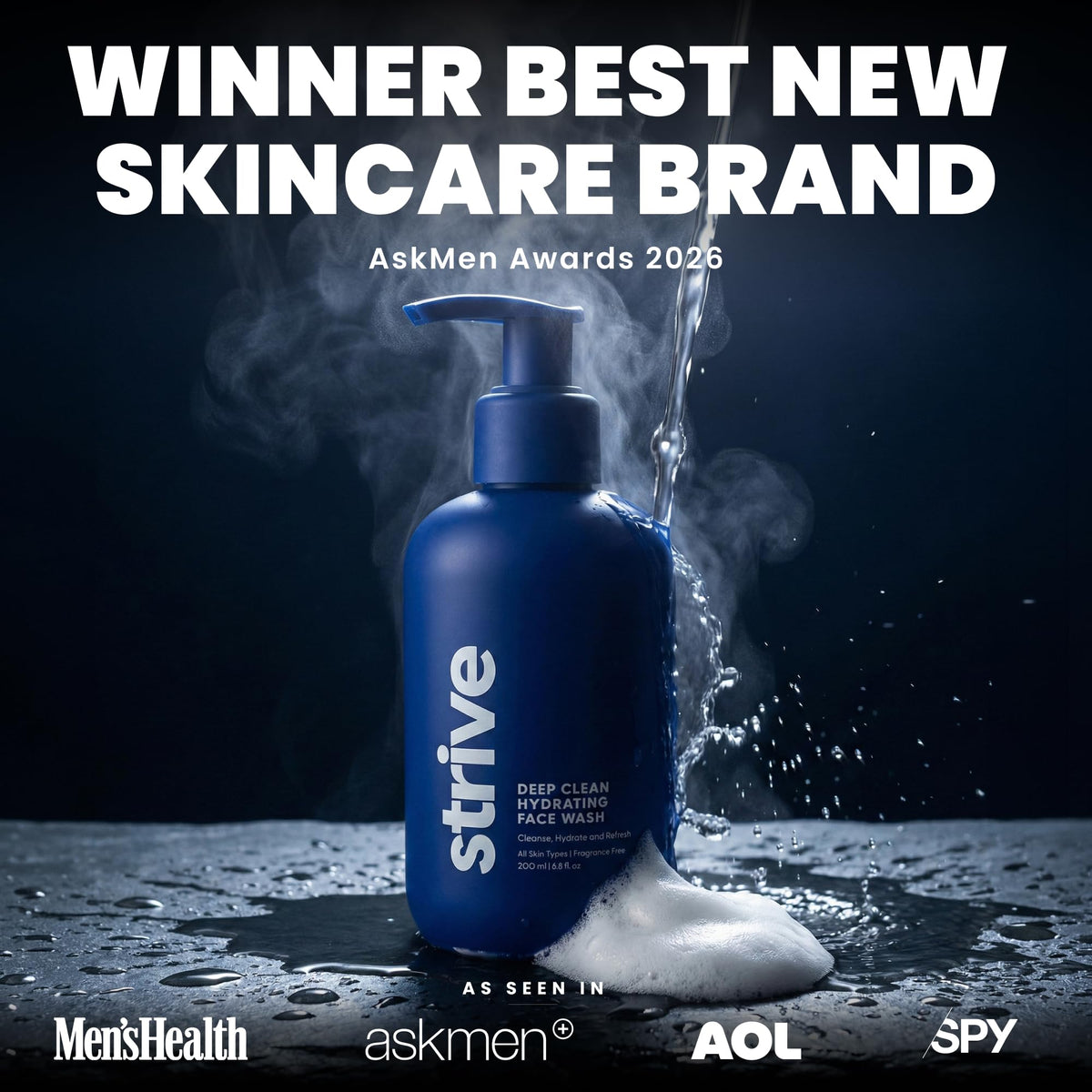 Strive pump and label close-up highlighting active ingredients and readability