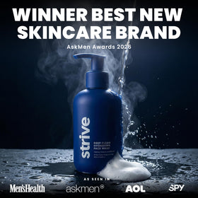 Strive pump and label close-up highlighting active ingredients and readability