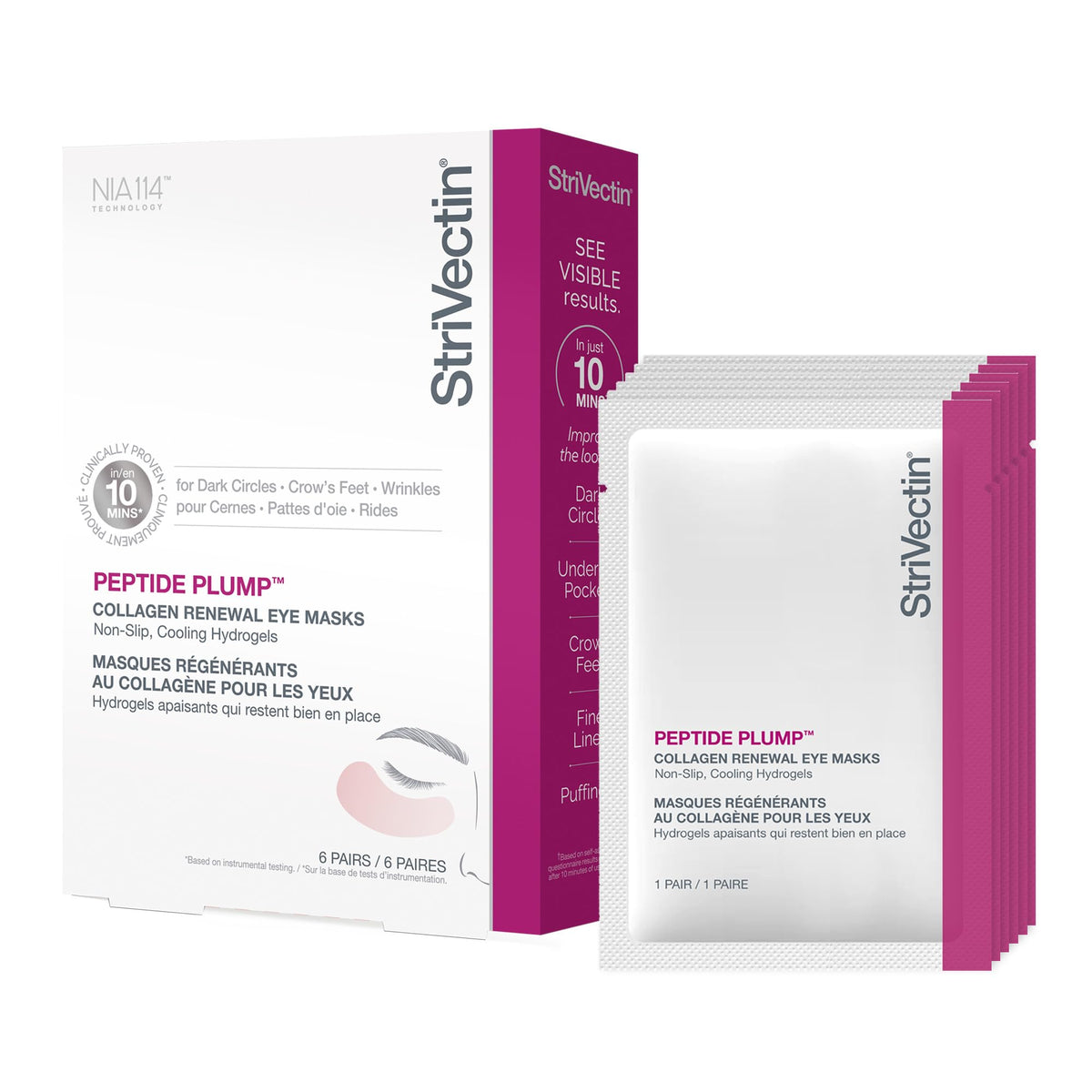 StriVectin front packaging showing six pairs and benefits