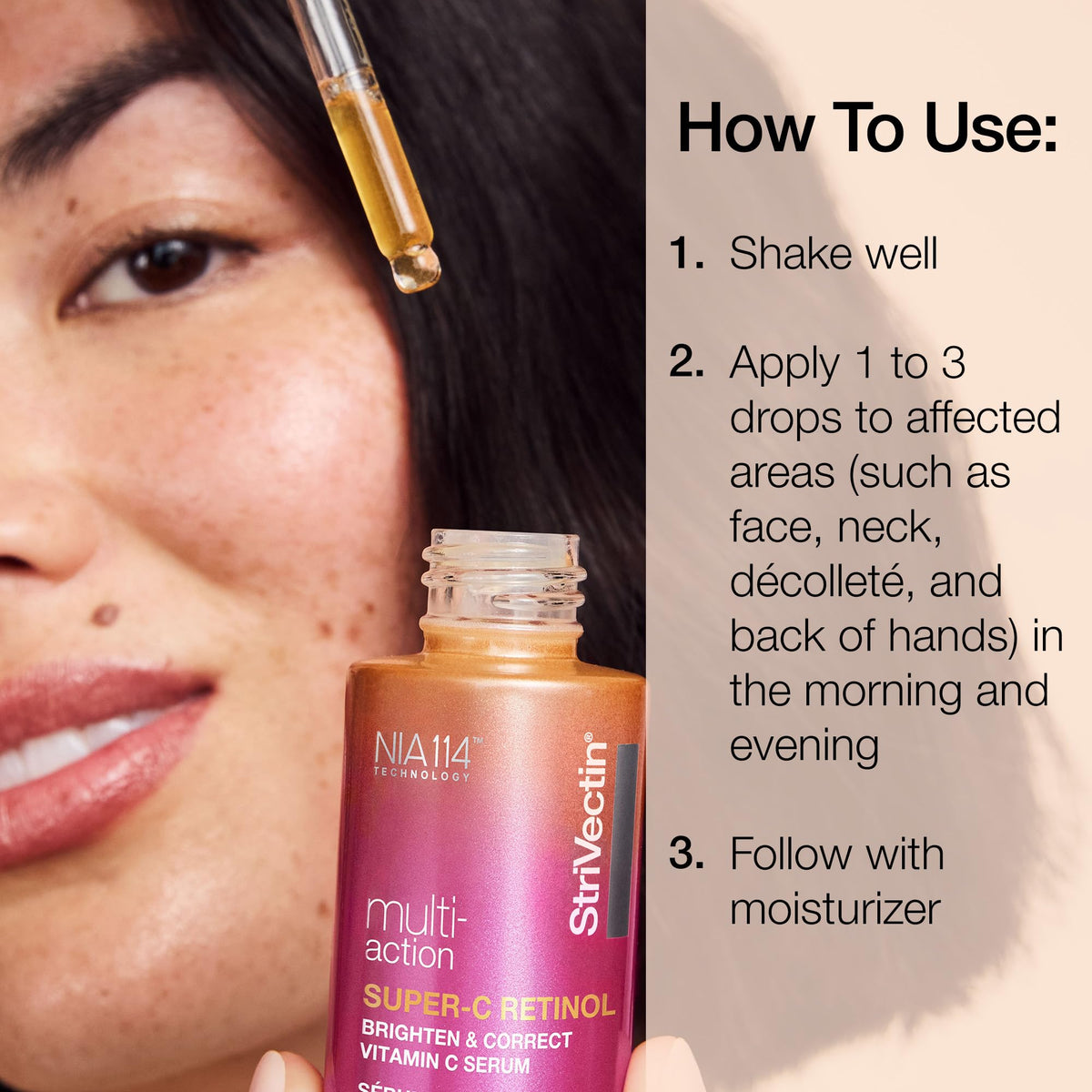 StriVectin bottle staged with moisturizer and SPF suggesting layered routine benefit