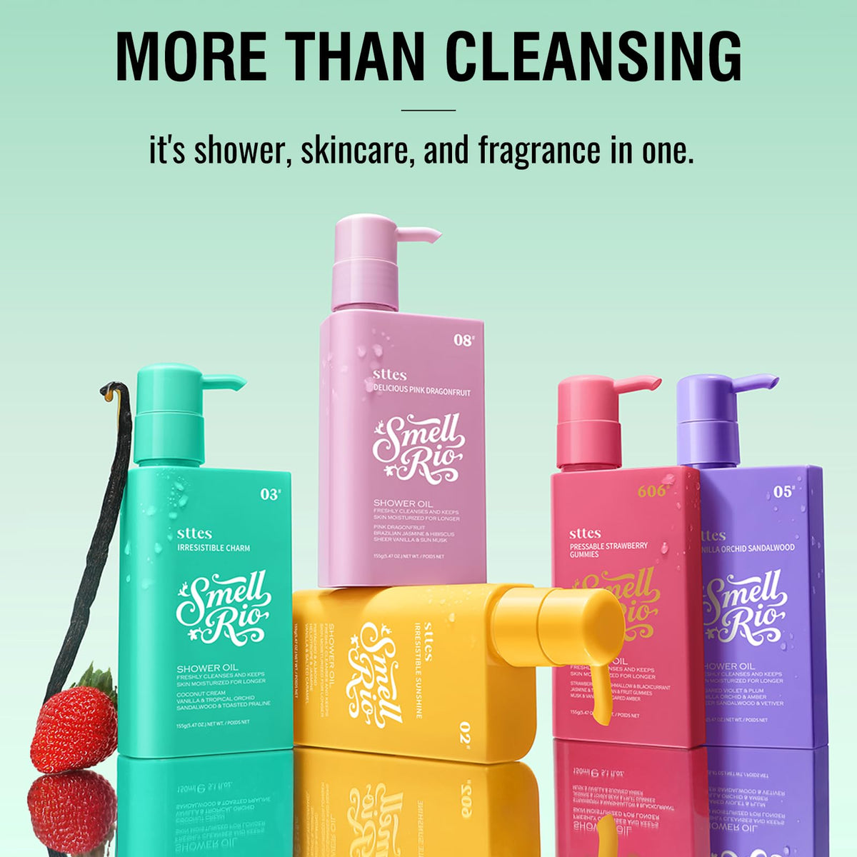 Sttes bottle with water droplets in shower implying daily-use convenience