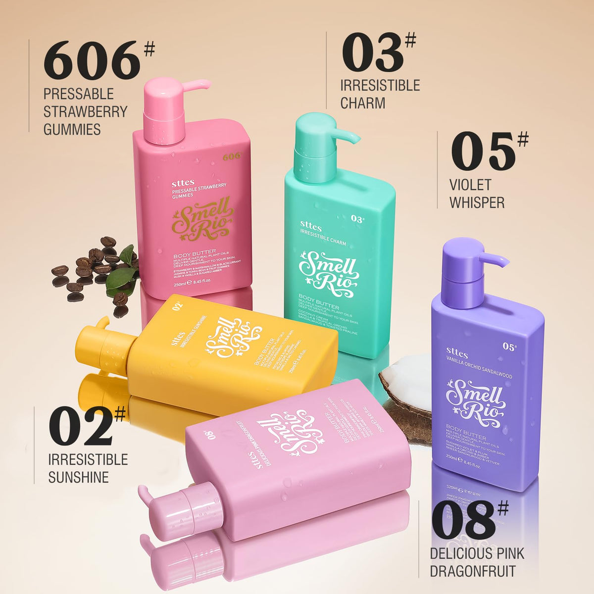 Sttes fragrance notes concept image with vanilla and sandalwood, warm long-lasting scent benefit