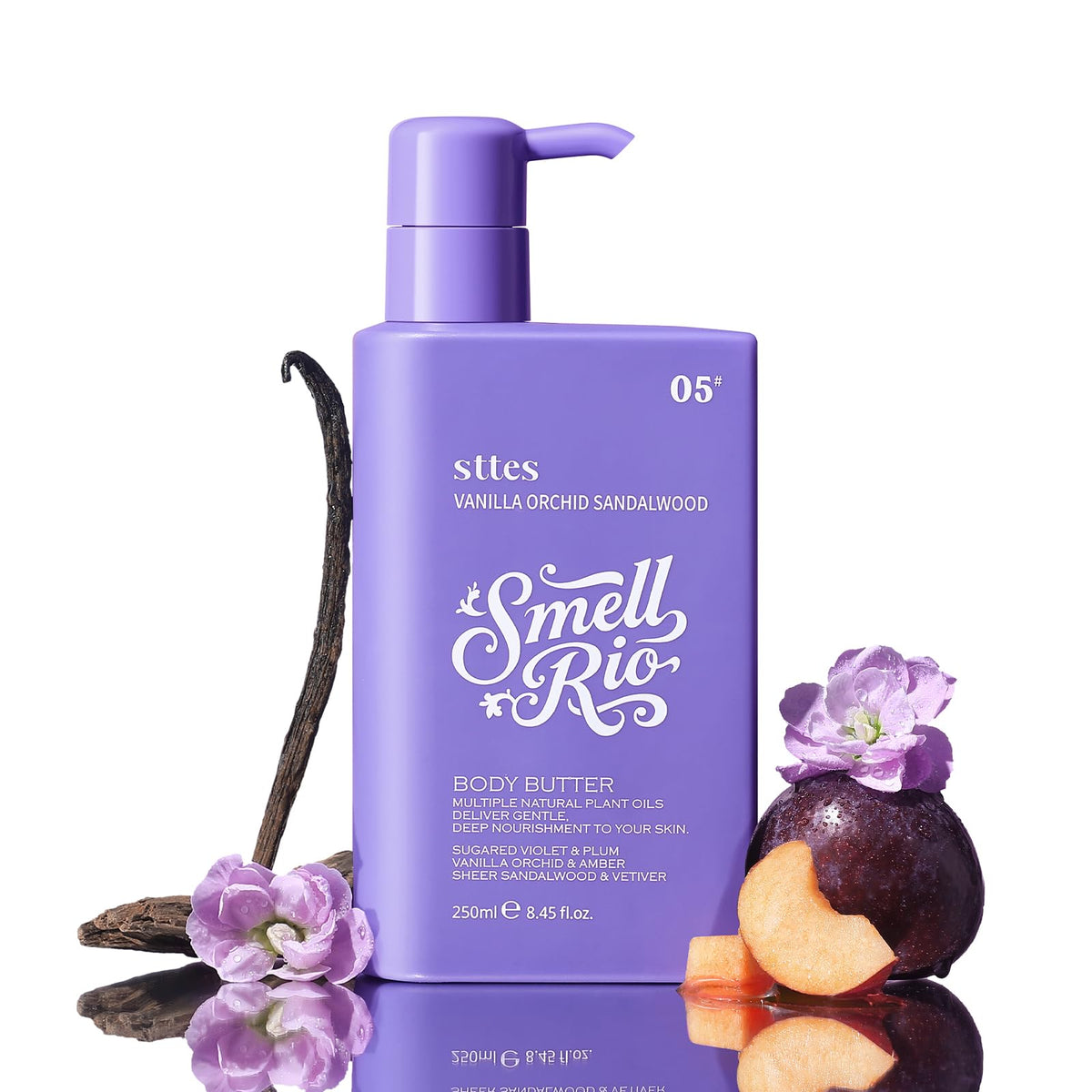 Sttes front packaging showing Vanilla Orchid Sandalwood scent and pump, presents elegant hydration
