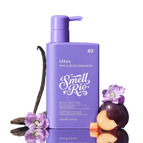 Sttes front packaging showing Vanilla Orchid Sandalwood scent and pump, presents elegant hydration