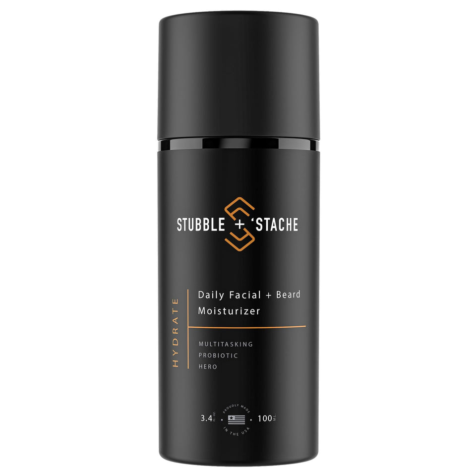 stubble & stache front packaging showing product and benefit of daily hydration