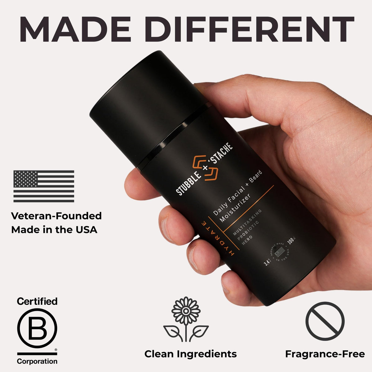 stubble & stache label close-up highlighting key ingredients and clean formula