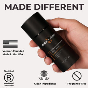 stubble & stache label close-up highlighting key ingredients and clean formula