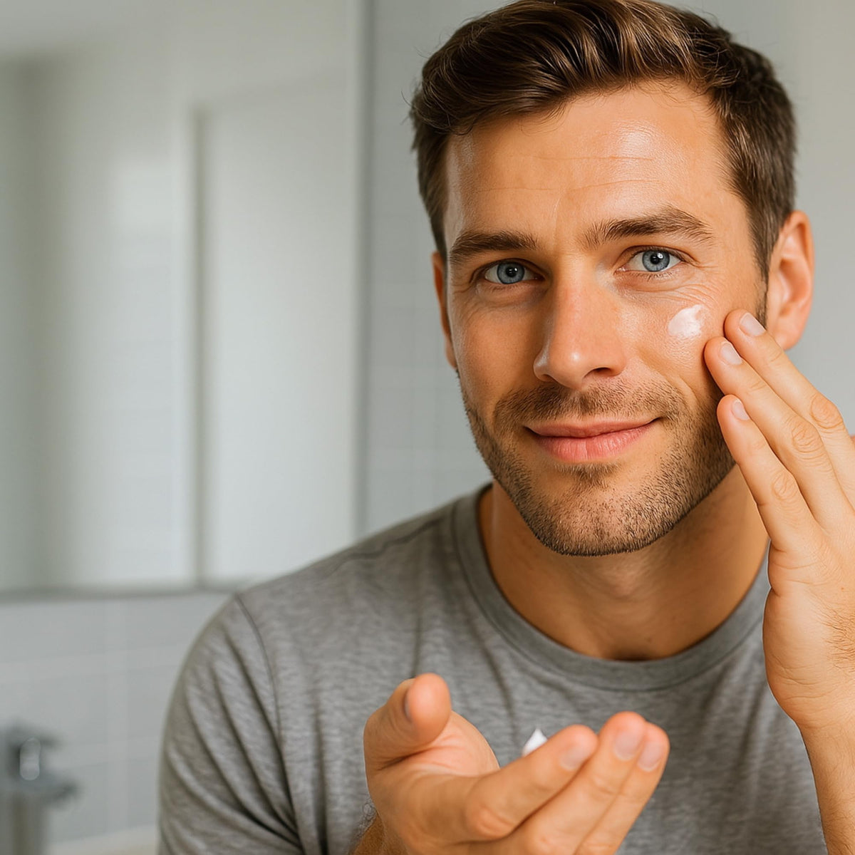 stubble & stache close-up texture on hand demonstrating fast-absorbing cream