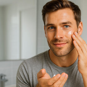 stubble & stache close-up texture on hand demonstrating fast-absorbing cream