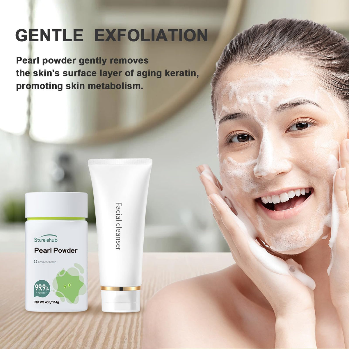 Sturelehub label detail highlighting cosmetic-grade pearl powder purity benefits