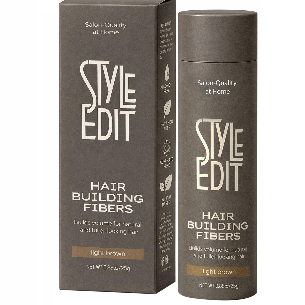 STYLE EDIT front jar showing light brown fiber powder for instant thickness
