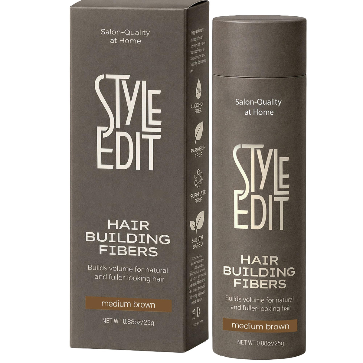 STYLE EDIT front packaging showing medium brown fibers and label benefits